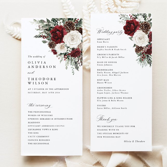 Programa de Cerimônia de Casamento Floral de Inver (Burgundy winter floral wedding program card, pinecone ceremony program, elegant wedding party)