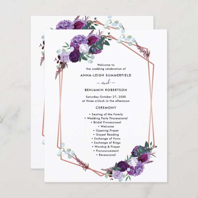 Programa de Cerimônia de Casamento Floral em Púrpu (Frente/Verso)