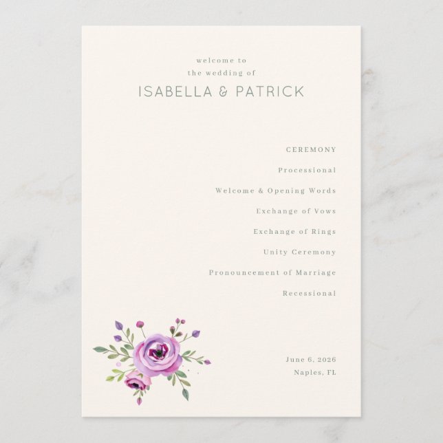 Programa de Cerimônia de Casamento Floral Pastel E (Frente)