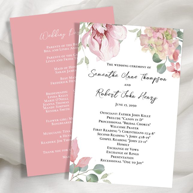 Programa de Cerimônia de Casamento Floral Rosa-Blu (Elegant blush pink floral wedding ceremony program. )