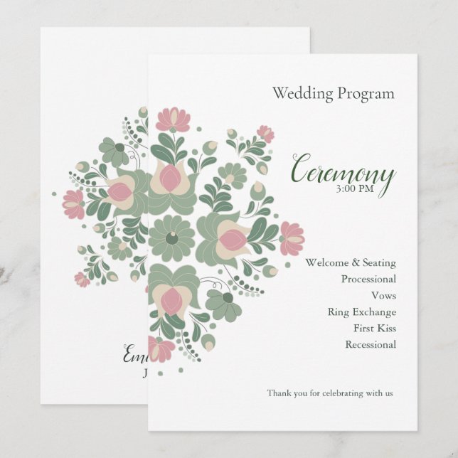 Programa de Cerimônia de Casamento Floral Verde Sa (Frente/Verso)