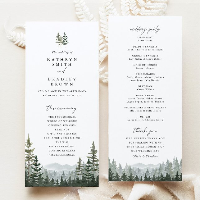 Programa de Cerimônia de Casamento Floresta de Pin (Mountain Forest Wedding Program, Sage Green Pine Tree Ceremony Program, Woodland Wedding Stationery)