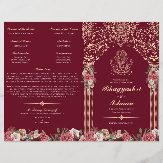 Programa de Cerimônia de Casamento Hindu Vermelho  (Frente)