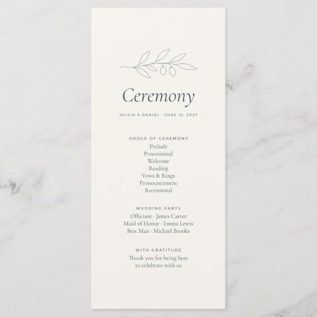 Programa de Cerimônia de Casamento Minimalista Oli (Frente)