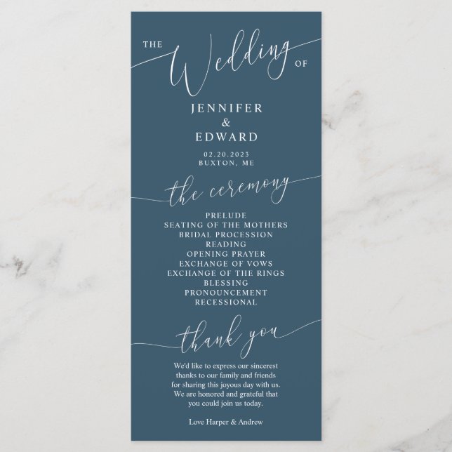 Programa de Cerimônia de Casamento Mínimo Teal (Frente)
