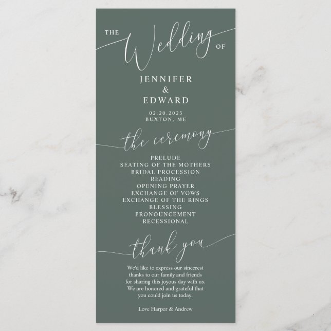 Programa de Cerimônia de Casamento Mínimo Verde (Frente)
