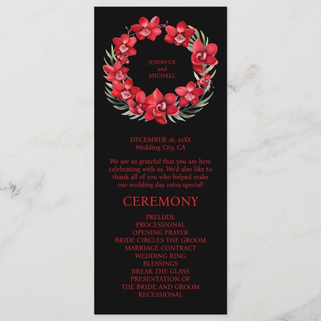 Programa de Cerimônia de Casamento Orquídeas Verme (Frente)
