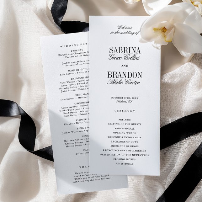 Programa de Cerimônia de Casamento Preto Clássico  (Modern Classic Black Wedding Ceremony Program)
