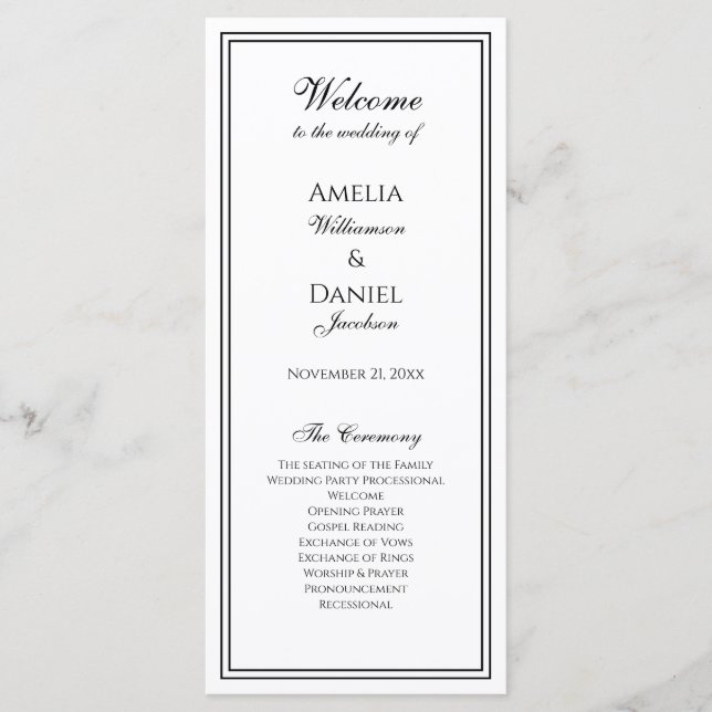 Programa de Cerimônia de Casamento Preto e Branco  (Frente)