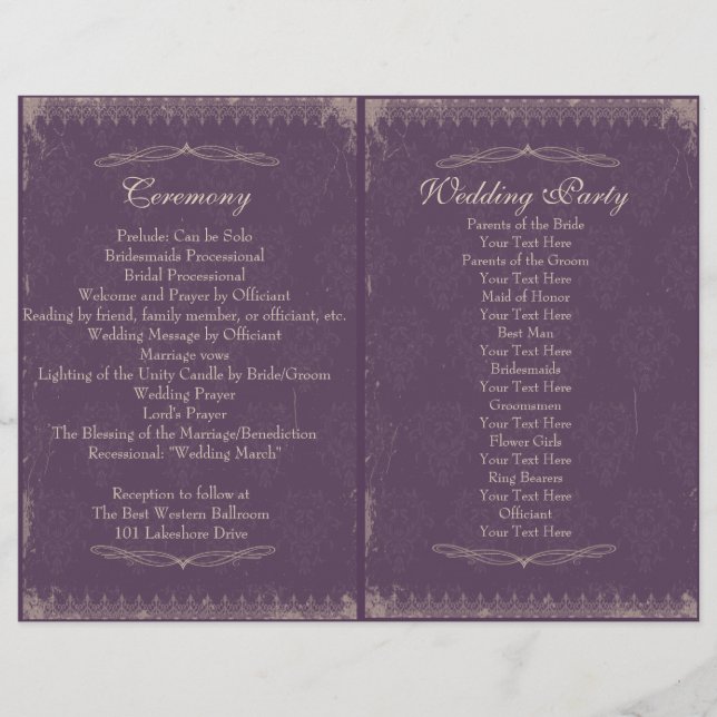 Programa de Cerimônia de Casamento vintage Roxo (Frente)