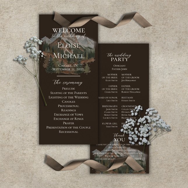 Programa de Cerimônia de Montanha em Aquarela Rúst (Rustic Watercolor Mountain Ceremony Program)