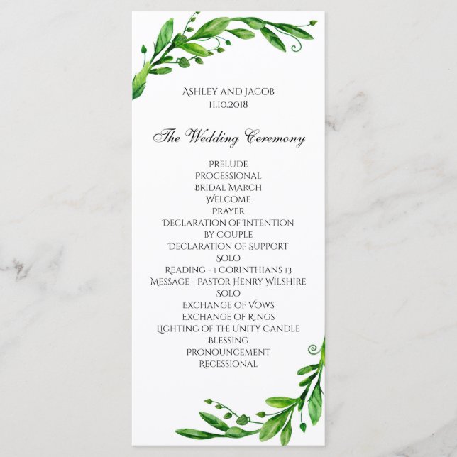 Programa de cerimônia verde. Casamento no jardim.  (Frente)