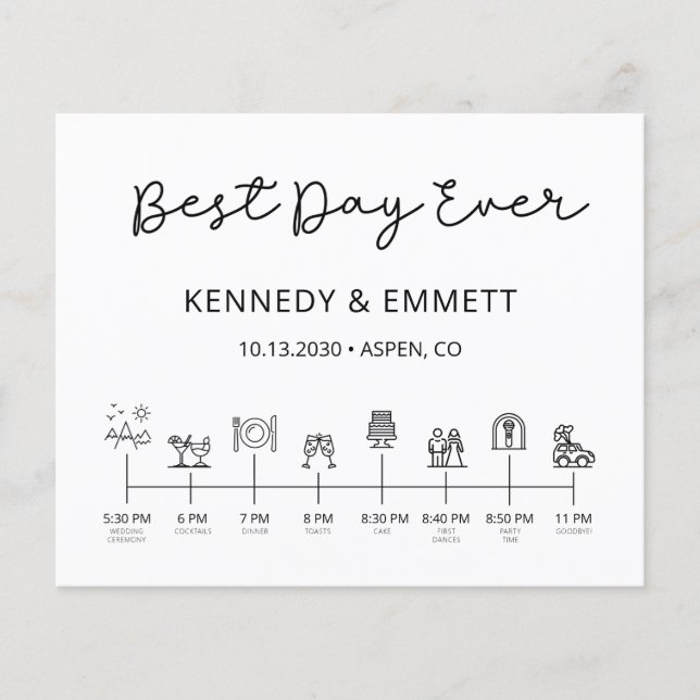 Programa de Cronograma do Dia de Casamento Moderno (Frente)