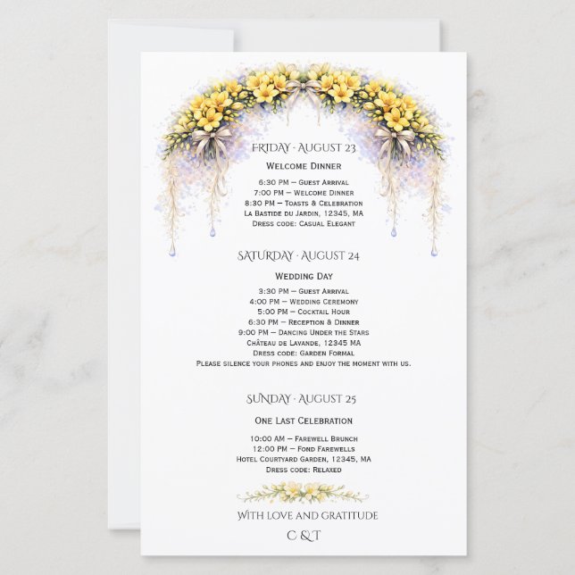 Programa de Fim de Semana de Casamento Amarelo Can (Verso)