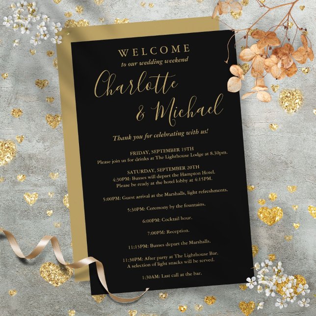 Programa de Fim de Semana de Casamento de Convidad (Black And Gold Guest Wedding Weekend Program)