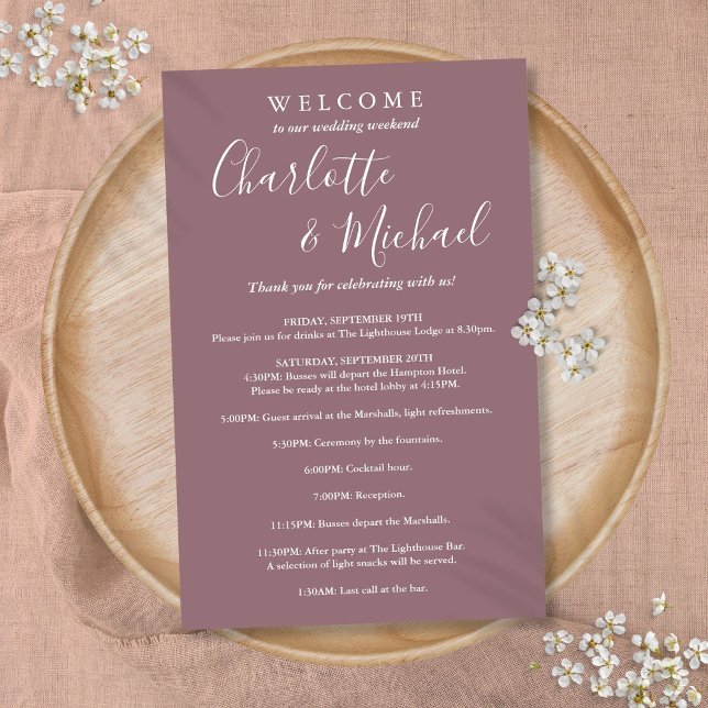 Programa de Fim de Semana de Casamento para Convid (Mauve Script Guest Wedding Weekend Program)