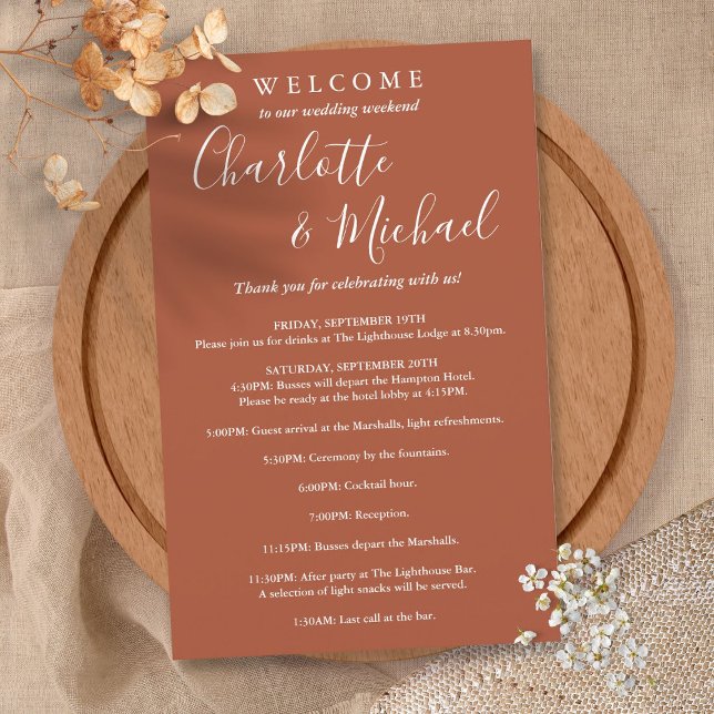Programa de Fim de Semana de Casamento Terracota S (Terracotta Script Guest Wedding Weekend Program)