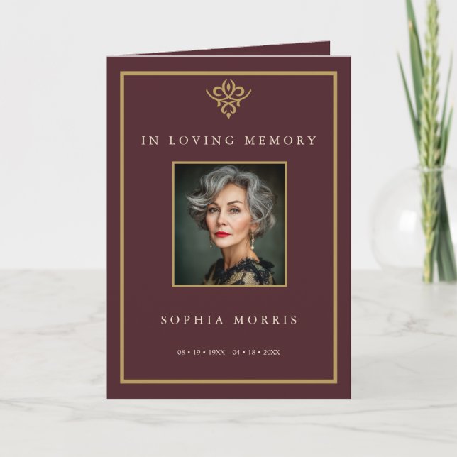 Programa de Funeral com Foto em Borgonha Old Money (Frente)