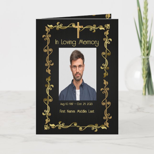 Programa de Funeral Cristão Elegante Dourado Preto (Frente)