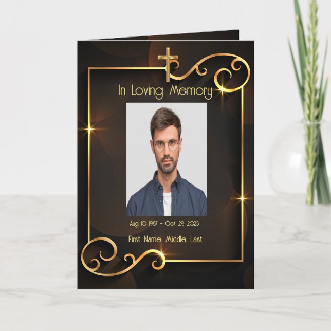 Programa de Funeral Cristão Elegante Preto Dourado (Frente)