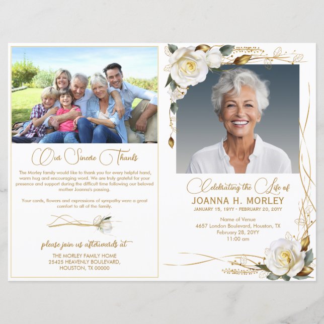 Programa de Funeral de Foto Floral Rosa e Dourado  (Frente)