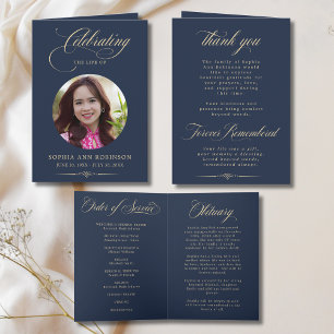 Programa de Funeral Elegante Azul Dourado em Scrip