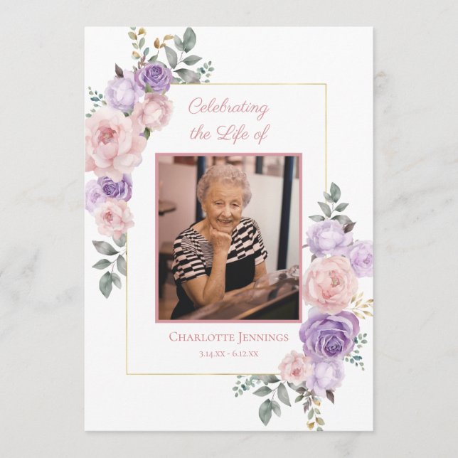 Programa de Memória Funeral Floral Púrpura Rosa (Frente)