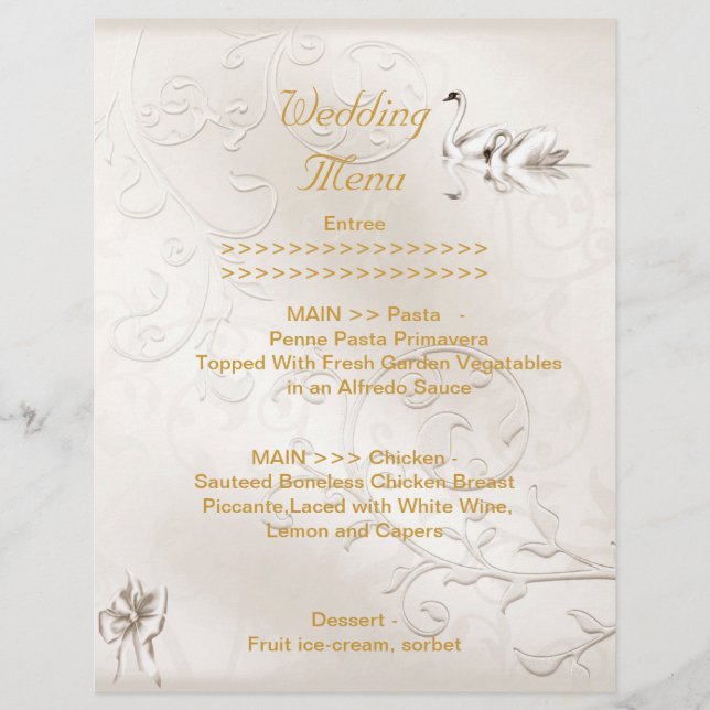 Programa de Menu de Casamento Cisnes Creme Branco  (Frente)