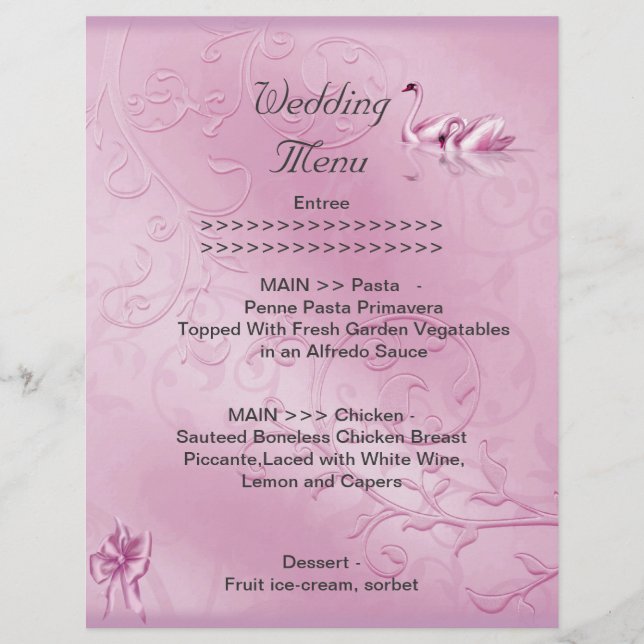 Programa de Menu de Casamento Conjunto de Cisnes R (Frente)