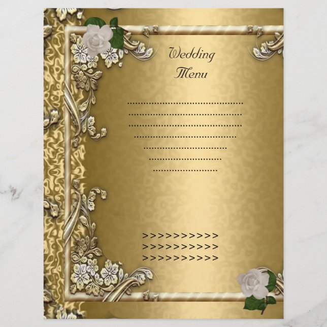 Programa de Menu de Casamento Rosa Branca Dourada (Frente)