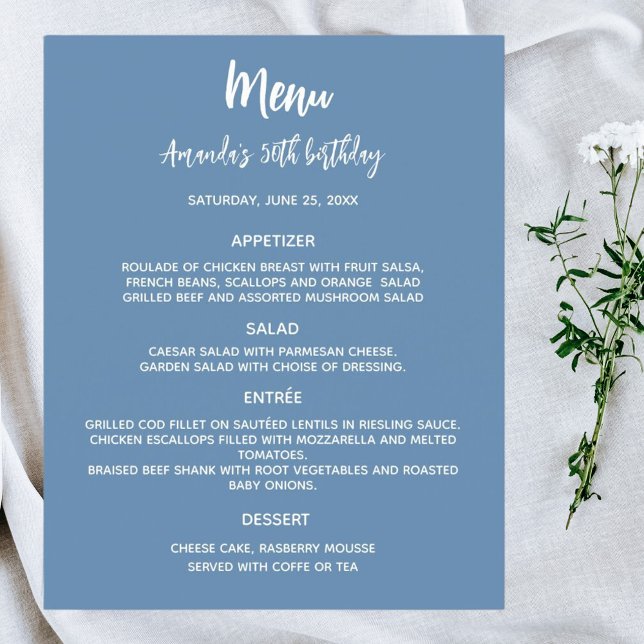 Programa de menus festa de aniversário azul empoei (Criador carregado)