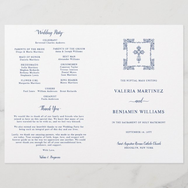 Programa de Missa de Casamento Católico Azul-Marin (Frente)