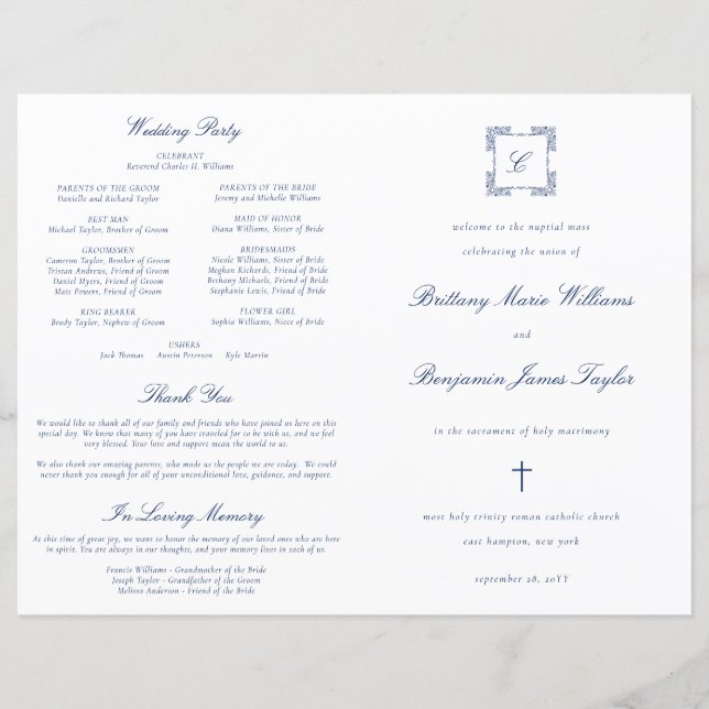 Programa de Missa de Casamento Católico Azul-Marin (Frente)