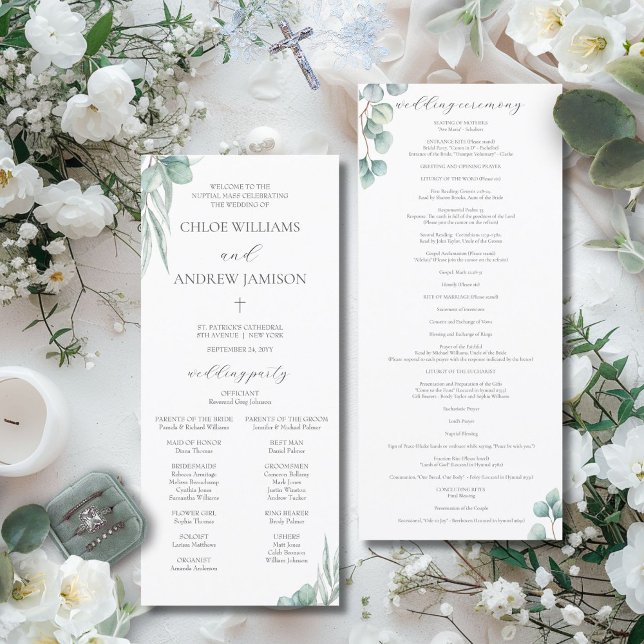 Programa de Missa de Casamento Católico com Vegeta (The elegant Chloe Catholic wedding program features watercolor greenery and white flowers)