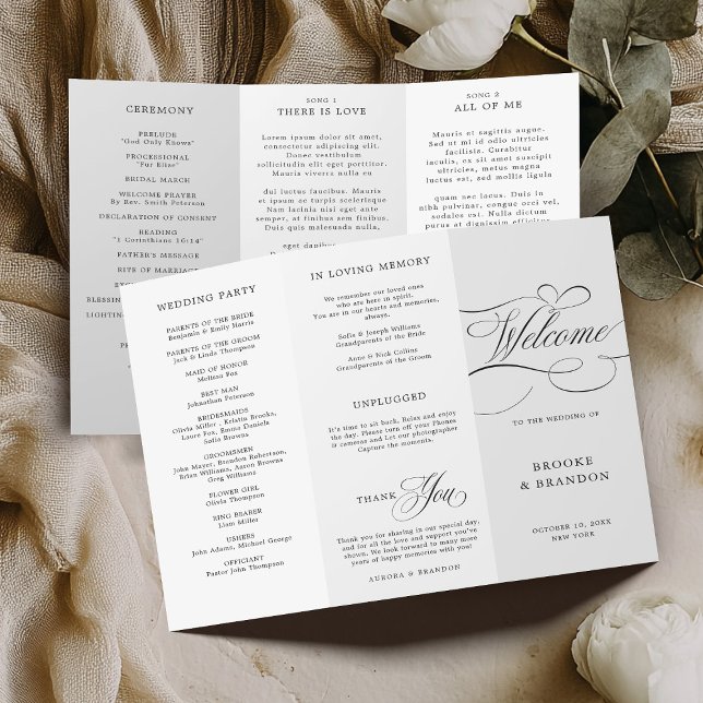 Programa de núpcias negras para eternos de caligra (Modern calligraphy timeless black and white tri-fold wedding Program)