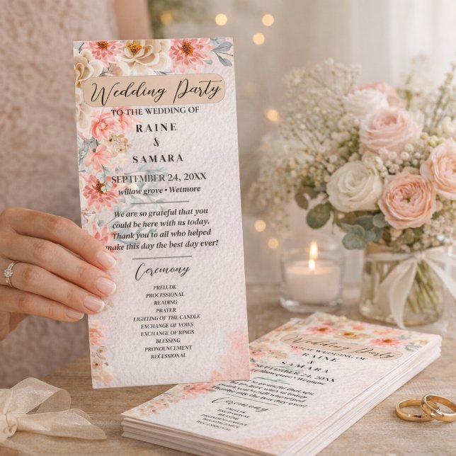 Programa de Partido Floral Rosa-Chic (Chic Pink Floral Wedding Program Romantic Rustic Ceremony)