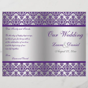 Programa de prata e roxo do casamento tema damasco