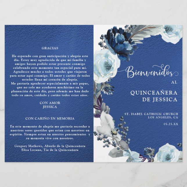 Programa de Quinceañera Azul Rey Azul Marino (Frente)