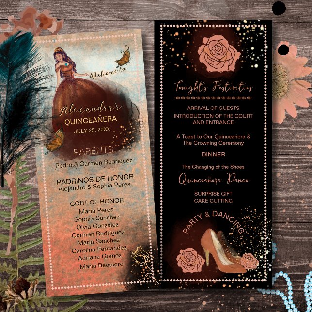 Programa de Quinceanera ElegaLuxe Cobre Metálico (Elegant Vintage Copper Rose Quinceañera Program)