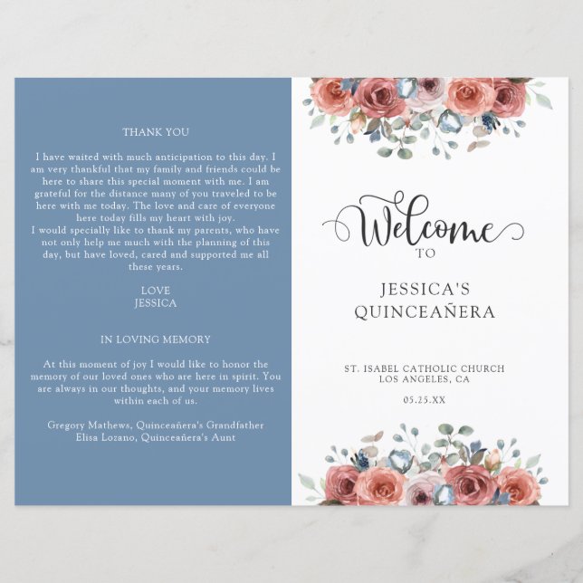 Programa de Quinceanera Floral Azul e Escamudo (Frente)