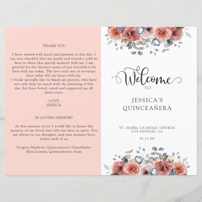 Programa de Quinceanera Floral Azul-Rosa e Cor-de- (Frente)