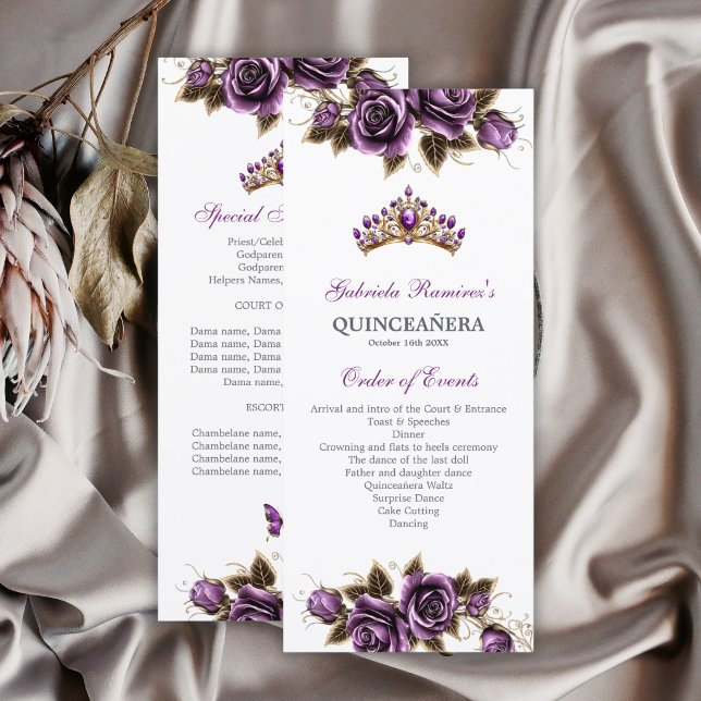Programa de Quinceañera Floral Tiara Dourada Roxa (Criador carregado)