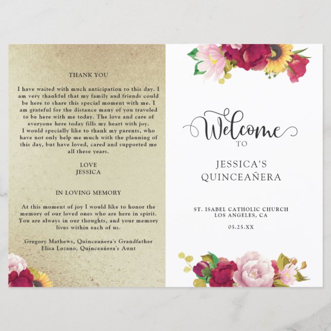 Programa de Quinceanera Floral Vermelha Dourada e  (Frente)