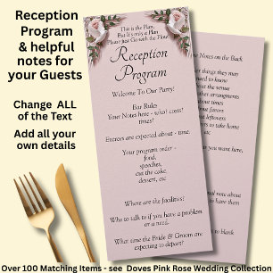 Programa de Recepção - Casamento Rosas Rosa e Pomb