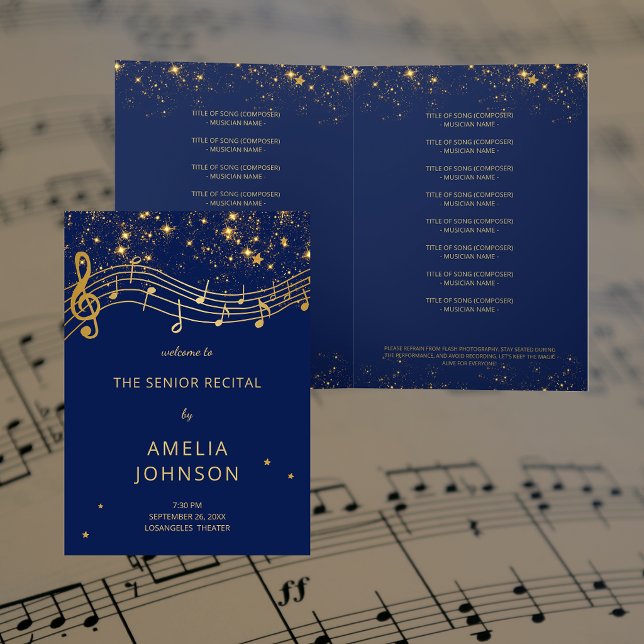 Programa de Recital de Música Sênior Elegante Azul (Elegant Blue Gold Music Senior Recital Program)