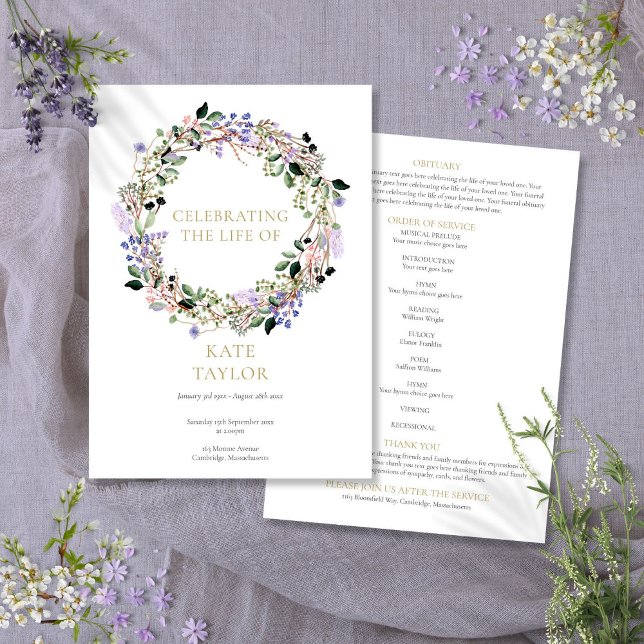 Programa de Serviço Funeral Floral de Lavanda Memo (Lavender Floral Funeral Memorial Order Of Service Program)