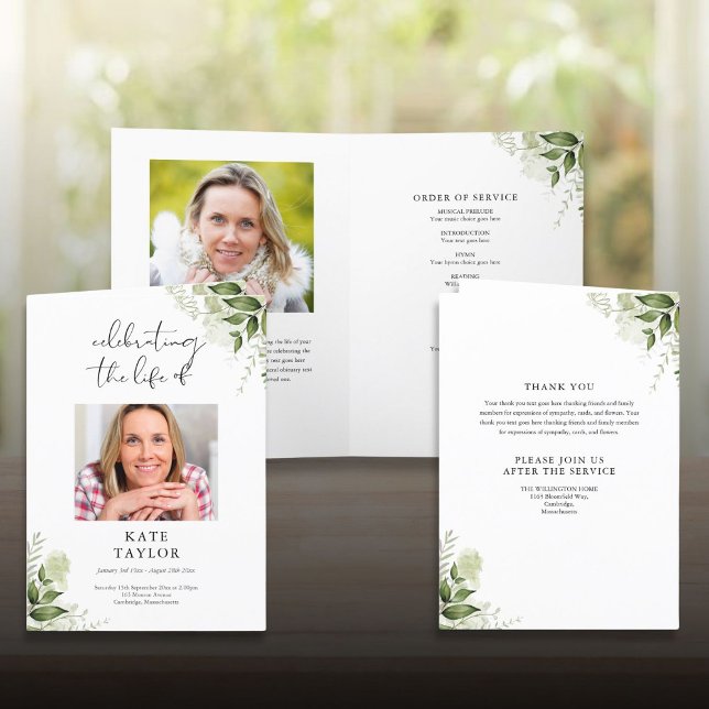 Programa de Serviço Funerário Floral Verde Dobrado (Greenery Floral Funeral Order Of Service Folded Program)