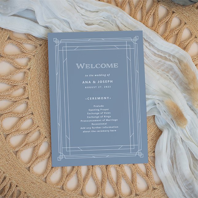 Programa Deco Moderno | Casamento de Elegante Azul e Branco (An elegant, classic art deco style wedding program in dusty blue and white)