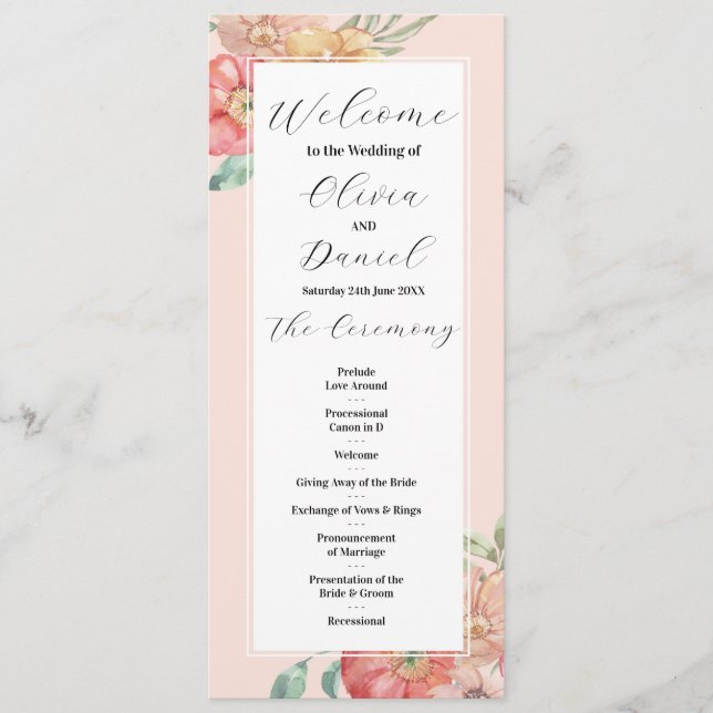 Programa Detalhes do Cardápio de Casamento Floral em Aquare (Frente)