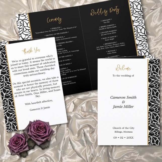 Programa Dia de Casamento de Fronteira de Folhagem (Foliage Border Wedding Day Program - Black and White Wedding Theme)